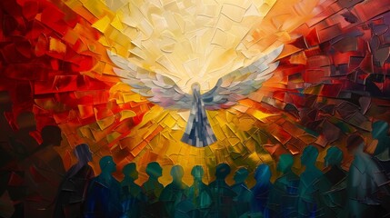 Vibrant portrayal of the Pentecost event with the Holy Spirit descending upon the disciples, symbolizing empowerment and the birth of the Church. - obrazy, fototapety, plakaty