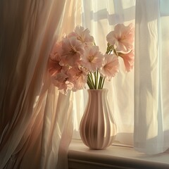 A vase of pink flowers on a windowsill