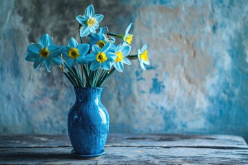 Blue Ceramic Vase with Yellow and Blue Flowers