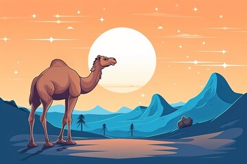 Majestic camel crossing the desert at dusk line art extremely simplified portrait