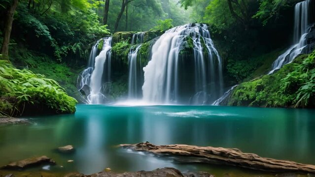 Video animation footage of waterfall surrounded by lush greenery in a forest setting. The waterfall cascades gracefully into a clear blue pond, reflecting the surrounding nature.