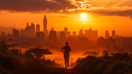 A runner at dawn, with urban cityscape silhouetted in the background, during a refreshing morning...