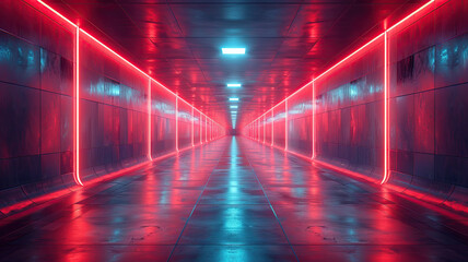 Futuristic corridor with neon lights, sci-fi tunnel with red and blue illumination,