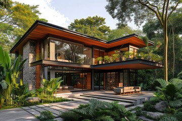 Naklejka premium A modern house nestled in the heart of a lush forest