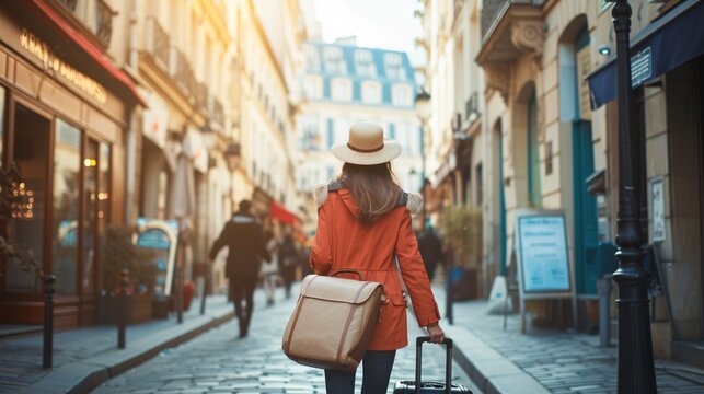 A woman with travel experience strolling with luggage in a European city, exploring tourism in Europe.