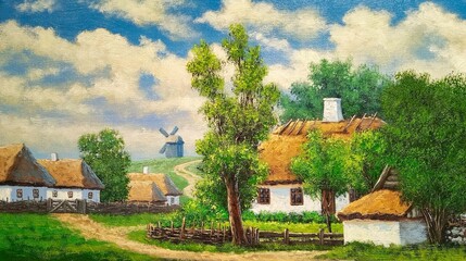 Rustical landscape, river, oil paintings rural landscape, fine art, artwork, in the old village. - 753541881
