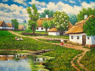Rustical landscape, river, oil paintings rural landscape, fine art, artwork, in the old village.
