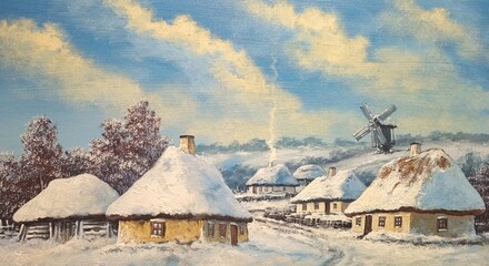 Oil paintings rural landscape, old willage, winter in the old willage, old house in the woods. Fine art, artwork - 753541896