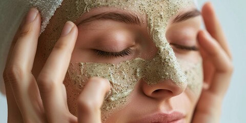 A youthful female applying a exfoliating mask onto her face. - 753542209