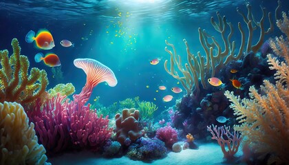 Naklejka na ściany i meble Generated image of a dreamlike underwater world with bioluminescent creatures and coral reefs 