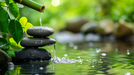 Zen garden with bamboo fountain and stones.