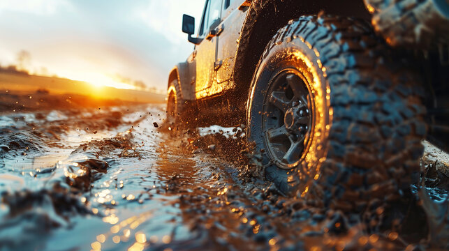 4x4 SUV in off-road travel adventure outdoors in nature in summer. Dirty mud wheel