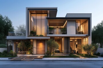 A modern minimalist house situated on a bustling downtown street - obrazy, fototapety, plakaty