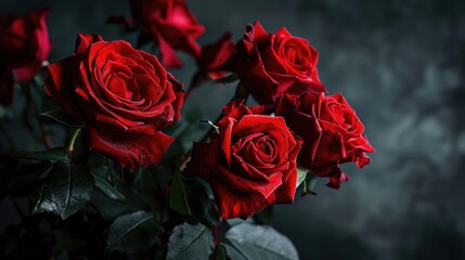 A bouquet of red roses in a dark room