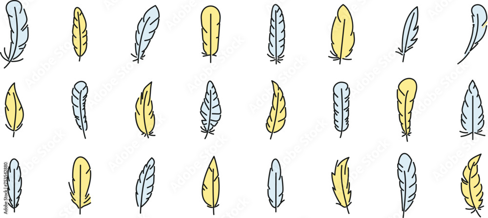 Poster feathers icons set simple vector. smooth plume. soft quill color line isolated
