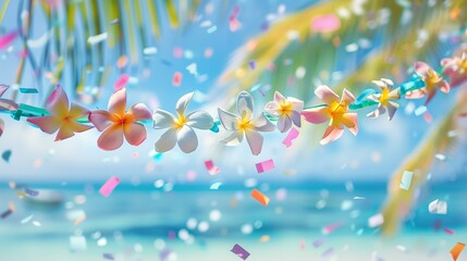 Fototapeta na wymiar plumeria flower garland border scenic beach with sea and palm tress in the background, confetti, spring break or summer party