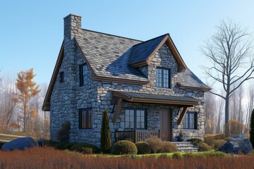 Obraz premium A stone gray house against the clear blue sky