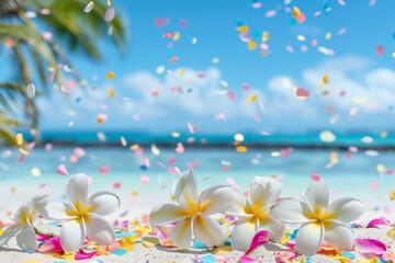 plumeria flower garland border scenic beach with sea and palm tress in the background, confetti, spring break or summer party