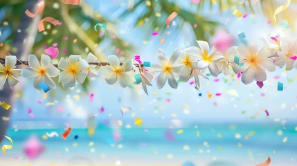 Zelfklevend Fotobehang plumeria flower garland border scenic beach with sea and palm tress in the background, confetti, spring break or summer party © World of AI