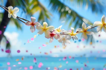Deurstickers plumeria flower garland border scenic beach with sea and palm tress in the background, confetti, spring break or summer party © World of AI