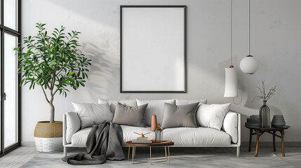 Minimalist living room with empty wall background and frame mockup.