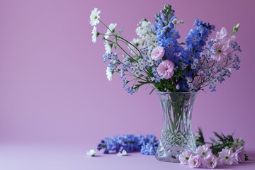 A bouquet of purple and white flowers in a clear vase