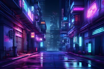 This digital artwork captures a scene from a hightech dystopian future where an alleyway is bathed in the neon glow of holographic projections and graffiti The interplay of shadows and lights
 - obrazy, fototapety, plakaty