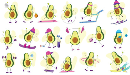 Avocado character exercising cartoon illustration set. Happy fit fruit with cute face playing ball, tennis,  football, doing yoga, workout, lifting dumbbells, meditating. Sport, gym background