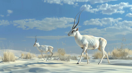 A pair of horned addax antelopes gracefully navigating the sandy expanse of the Sahara. - obrazy, fototapety, plakaty