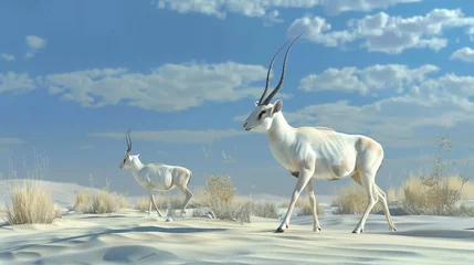 Tuinposter A pair of horned addax antelopes gracefully navigating the sandy expanse of the Sahara. © Artist