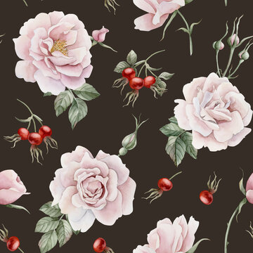 Rose hip pink flowers with buds, red berries and green leaves, Victorian style, watercolor seamless pattern on dark background. For use in design, fabric, textile, scrapbooking, wallpaper, wrapping pa