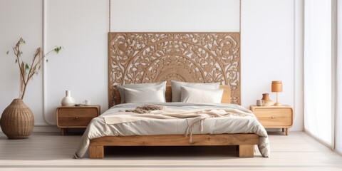 Fototapeta na wymiar Contemporary serene bedroom with wood bed and oriental decor.