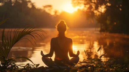 Gardinen A yoga practitioner, with serene nature as the background, during a sunrise yoga session © CanvasPixelDreams