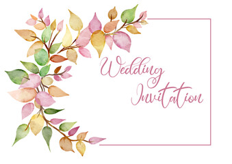 Fototapeta na wymiar Elegant wedding invitation design with a hand painted leaves design