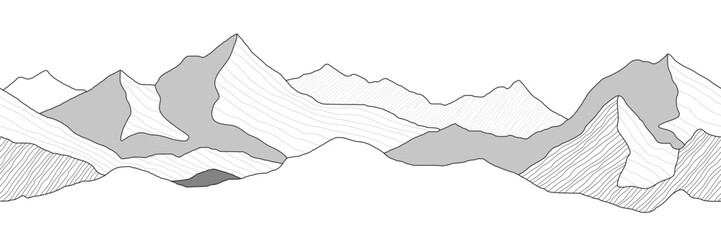Mountain landscape stylization, line arts wallpaper, seamless border, banner, imitation of mountain ranges	