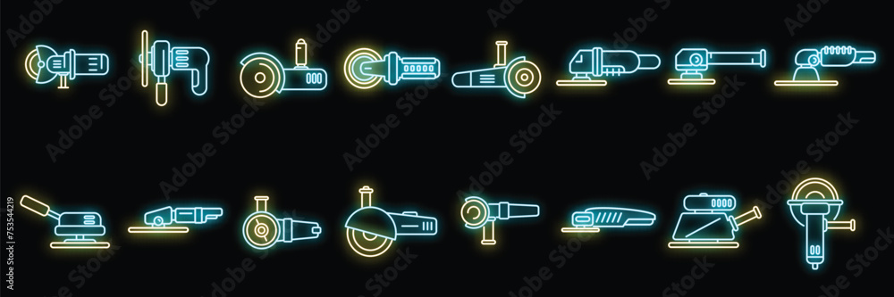 Poster grinding machine icons set outline vector. build construct. electric equipment neon isolated