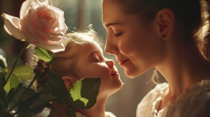A mother and daughter sharing a tender moment with a rose Fictional Character Created by Generative AI.