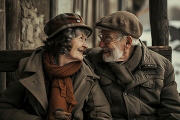 An elderly couple sitting together and smiling Fictional Character Created by Generative AI.