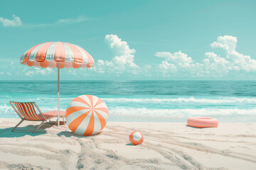 Obraz premium inflatable floats , striped umbrellas, beach chair and ball on sandy beach with blue sky and puffy white cloud. summer activity on the beach background with copy space