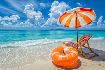 inflatable floats , striped umbrellas, beach chair and ball on sandy beach with blue sky and puffy white cloud. summer activity on the beach background with copy space - obrazy, fototapety, plakaty
