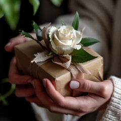 A woman holding gift box adorned with beautiful white rose flower, crop image. Fictional Character Created by Generative AI.