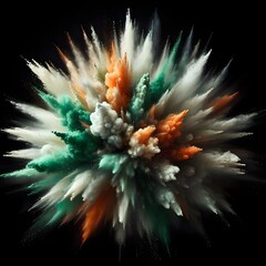 Colored powder explosion, Green, white and orange colors dust on black background, forming...