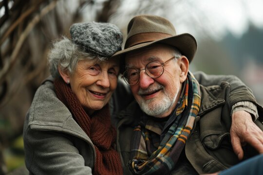 An elderly couple posing for a picture together. Fictional Character Created by Generative AI.