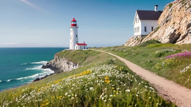 Video animation footage of  lighthouse and an adjacent house, both situated on a cliff overlooking the ocean. A path surrounded by lush greenery and blooming flowers leads to the structures