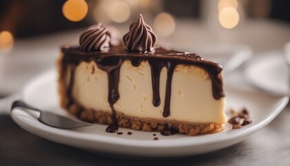 view of photo close up of cheesecake with chocolate cream