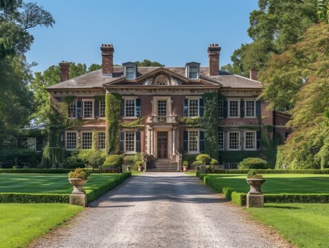 A Georgian-style manor house nestled amidst rolling hills and verdant meadows