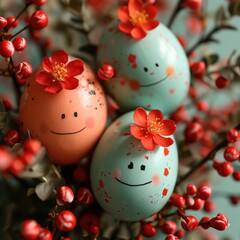 Eggs with faces - decorated with red flowers - happy and grinning