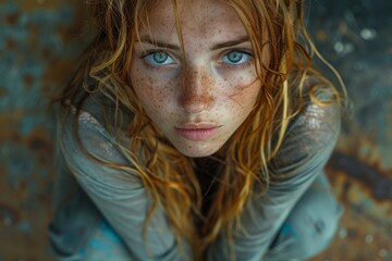 Captivating close-up of a woman with intense blue eyes against a rusty metal background
