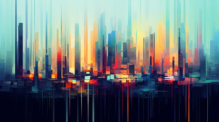 Abstract colorful city background, digital glitch art
