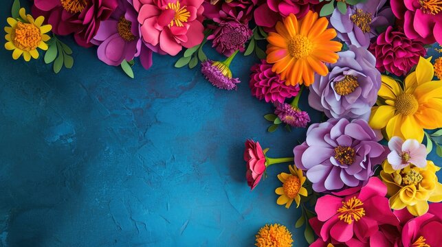 A bouquet of colorful flowers on a blue background - Powered by Adobe